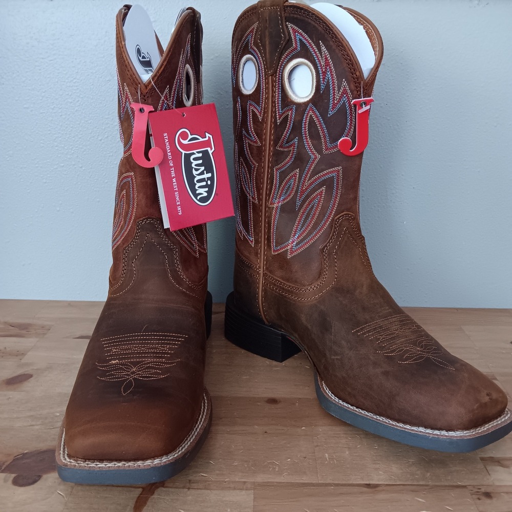 Justin Bowline Western Boots Mens 9.5 EE Brown Water Buffalo Square Toe SE7523